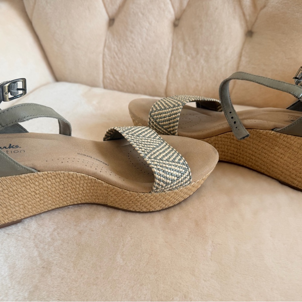 Clarks Women's Wedge Sandals - Olive and Beige - Picture 2 of 5